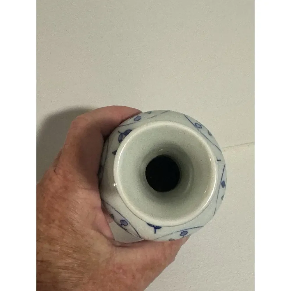 Vintage Hand Painted Vase Blue/white Cottagecore Thailand